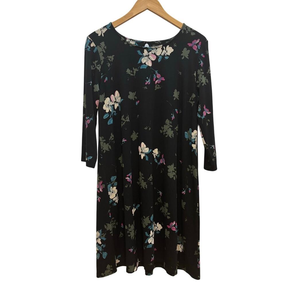 J. Jill Wearever Women M/P Black Floral 3/4 Sleeve Dress Career Business Chic